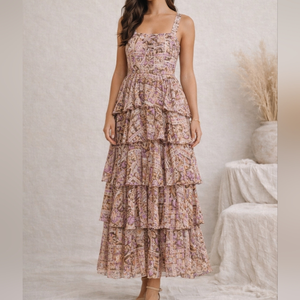 Marie Oliver Vicky Dress Size 4 Tiered Ruffle Maxi Boho Patchwork Linen Blend